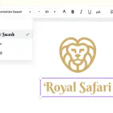 Edytor tekstu z menu wyboru czcionek, gdzie widoczny jest znak wodny "Berkshire Swash". Obok logo lwa i napisu "Royal Safari".