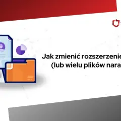 Ilustracja pokazuje, jak zmienić rozszerzenie pliku. Ikony dokumentów i folderów sugerują zarządzanie plikami.