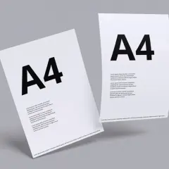Dwie białe kartki A4 z dużym czarnym napisem "A4" i tekstem.