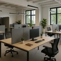 Nowoczesny openspace z biurkami, krzesłami i przegrodami. Duże okna wpuszczają światło, tworząc przestronną atmosferę.