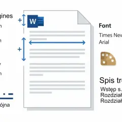 Ustawienia dokumentu: marginesy 2,5 cm, czcionka Times New Roman/Arial 12 pkt, interlinia 1,5 lub podwójna. Spis treści zawiera wstęp i rozdziały. To podstawa do stworzenia bibliografii.