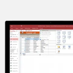 Lista dostawców w programie ms access, zawierająca dane firm, imiona i nazwiska kontaktów.