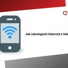 Grafika przedstawia telefon z ikoną Wi-Fi i tekst "Jak udostępnić Internet z telefonu?". Dowiedz się, jak udostępnić internet z telefonu na komputer przez USB.