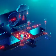 Sieć urządzeń połączonych liniami danych, chmura z kodem binarnym, symbolizująca protokół tcp/ip.