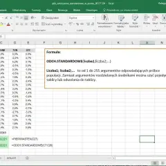 Arkusz kalkulacyjny Excel z danymi i opisem funkcji ODCH.STANDARDOWE.