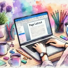 Kobieta pisze na laptopie, na ekranie widoczny tytuł "Page Latout". Obok stos książek, kubki z kawą, kolorowe kredki i maszyna do pisania. To inspiracja do tworzenia, nawet gdy zastanawiasz się, **kapitaliki co to**.