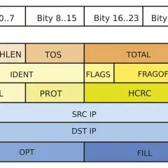 Schemat nagłówka pakietu IP, pokazujący pola takie jak VERS, HLEN, TOS, TOTAL, IDENT, FLAGS, FRAGOFFS, TTL, PROT, HCRC, SRC IP, DST IP, OPT i FILL. To jest struktura, która pozwala na komunikację przez tcp.