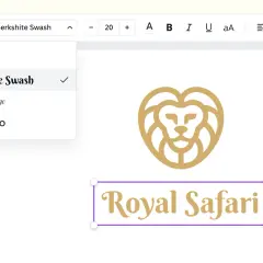 Edytor tekstu z menu wyboru czcionek, gdzie widoczny jest znak wodny "Berkshire Swash". Obok logo lwa i napisu "Royal Safari".