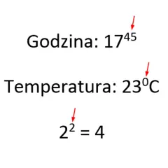 Godzina 17:45, temperatura 23°C, oraz równanie 2²=4. Wszędzie widać **indeks górny**.