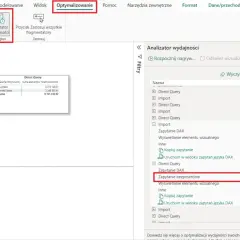 Analizator wydajności pokazuje czas trwania zapytań, w tym zapytanie DAX i zapytanie bezpośrednie.