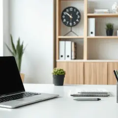 Nowoczesny office setup: laptop, notatniki, pióra i rośliny na biurku. W tle regał z książkami i zegarem.
