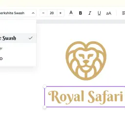 Edytor tekstu z menu wyboru czcionek, gdzie widoczny jest znak wodny "Berkshire Swash". Obok logo lwa i napisu "Royal Safari".