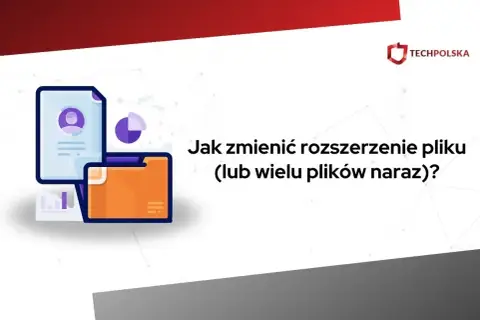 Ilustracja pokazuje, jak zmienić rozszerzenie pliku. Ikony dokumentów i folderów sugerują zarządzanie plikami.