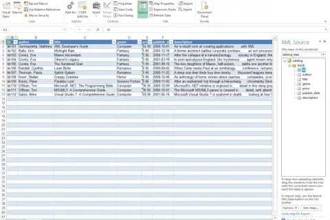 Arkusz kalkulacyjny Excel z danymi i panelem źródła XML.