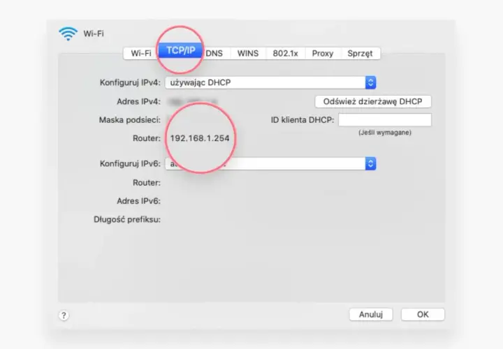 Ustawienia sieciowe Wi-Fi, zakładka TCP/IP. Widoczny adres routera: 192.168.1.254.