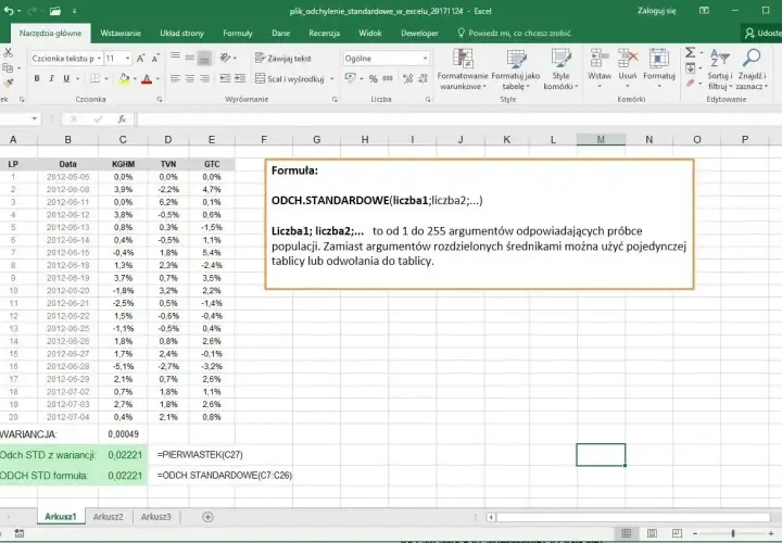 Arkusz kalkulacyjny Excel z danymi i opisem funkcji ODCH.STANDARDOWE.