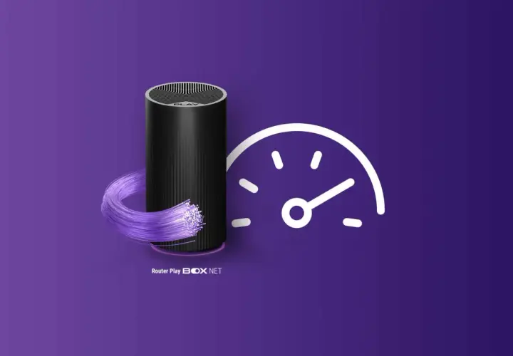 Router Play BOX NET z włóknem światłowodowym i ikoną prędkości, symbolizujący szybkie wifi.