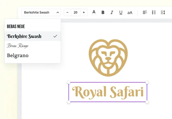 Edytor tekstu z menu wyboru czcionek, gdzie widoczny jest znak wodny "Berkshire Swash". Obok logo lwa i napisu "Royal Safari".