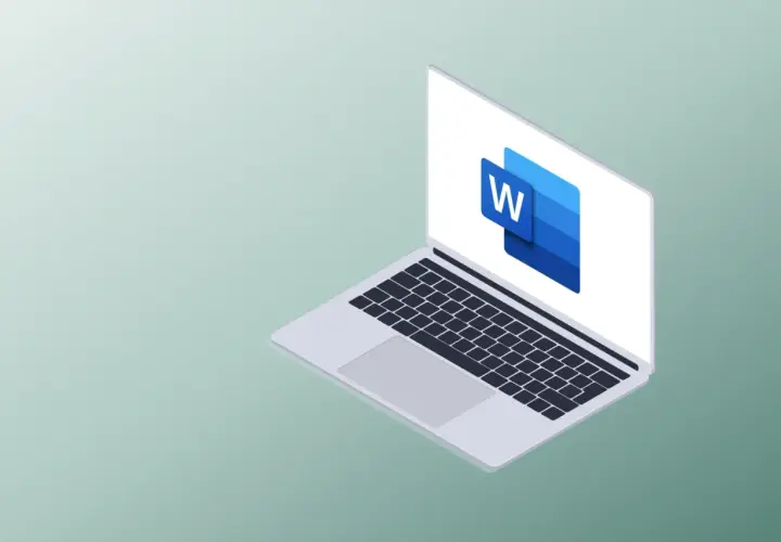 Laptop z ikoną Microsoft Word. Tworzenie dokumentów, gdzie każdy znak, nawet twarda spacja, ma znaczenie.
