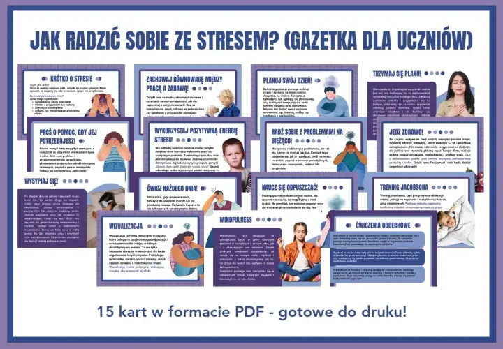 Jak radzić sobie ze stresem w pracy? Gazetka dla uczniów zawiera 15 kart PDF z poradami, jak zarządzać stresem, dbać o równowagę i zdrowie.