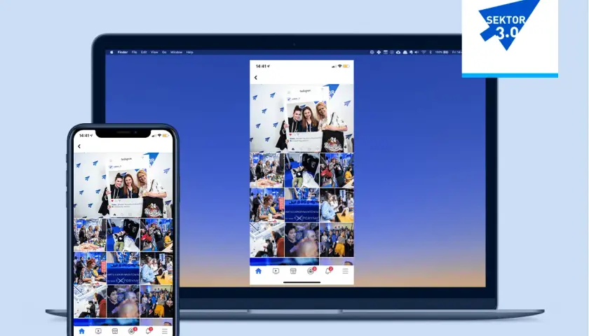 Telefon i laptop wyświetlające siatkę zdjęć z Instagrama.