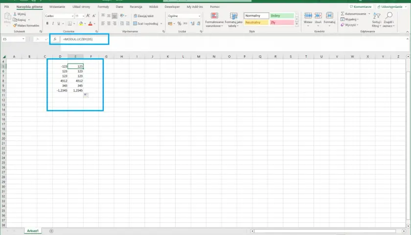 Wartość bezwzględna w Excelu. Formuła `=MODUŁ.LICZBY(D5)` oblicza wartość bezwzględną liczby z komórki D5.