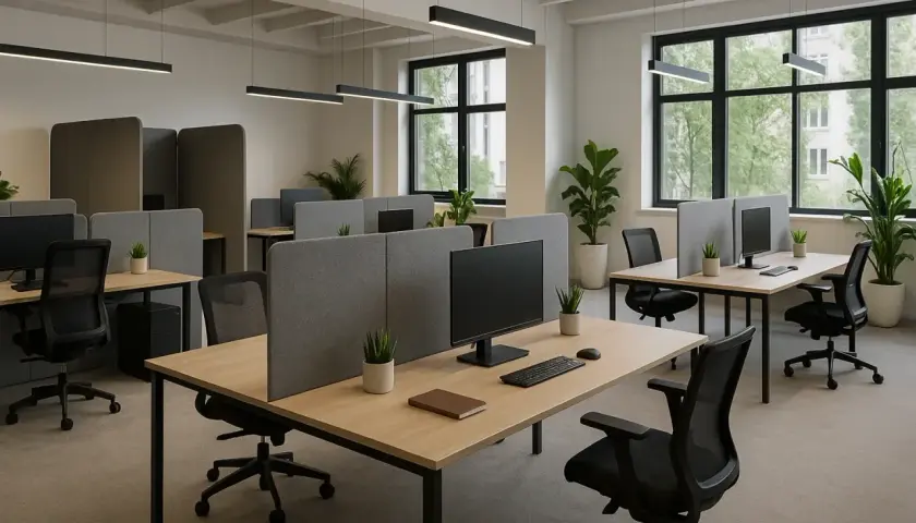 Nowoczesny openspace z biurkami, krzesłami i przegrodami. Duże okna wpuszczają światło, tworząc przestronną atmosferę.