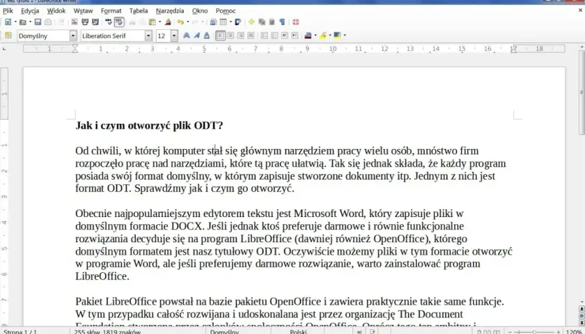 Otwieranie pliku ODT w LibreOffice Writer. Program ten, dawniej znany jako OpenOffice, oferuje darmowe i funkcjonalne rozwiązanie do pracy z dokumentami.