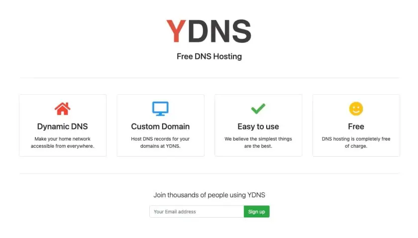 Strona YDNS oferuje darmowy hosting DNS, w tym dynamiczny DNS, niestandardowe domeny i łatwość użycia.