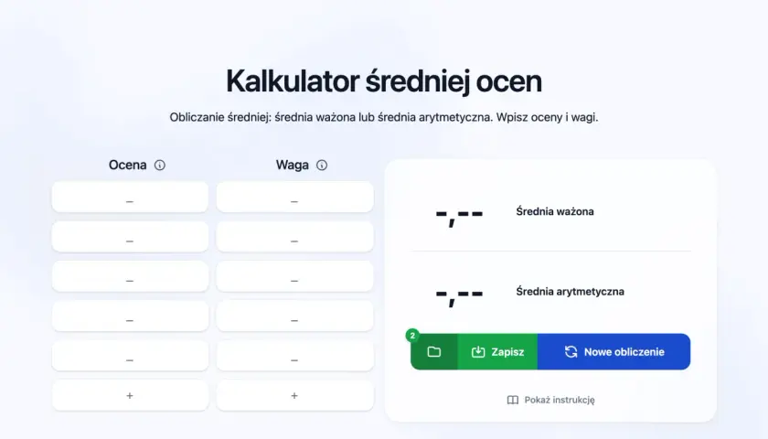 Kalkulator średniej ocen. Wpisz oceny i wagi, aby obliczyć średnią ważoną lub arytmetyczną.