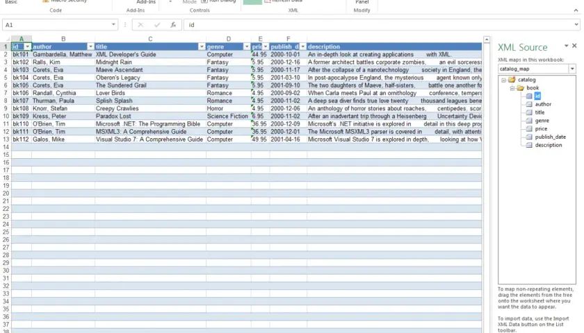 Arkusz kalkulacyjny Excel z danymi i panelem źródła XML.