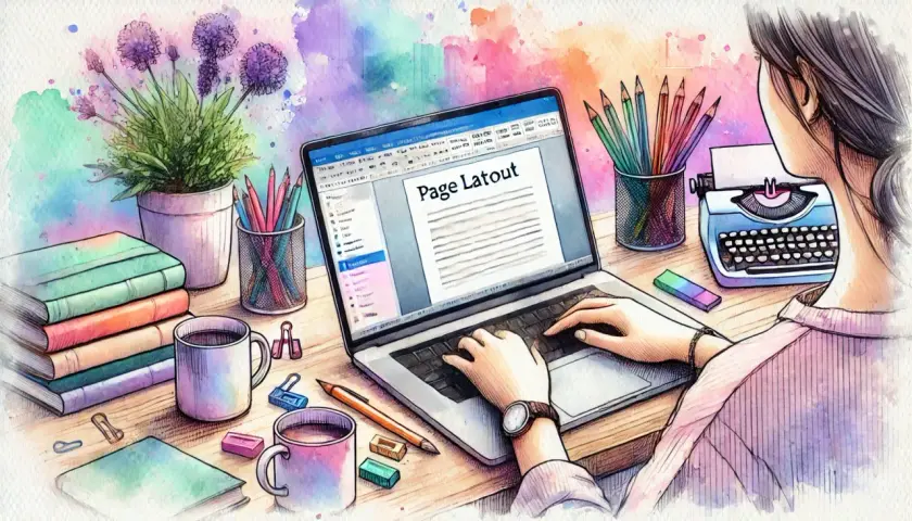 Kobieta pisze na laptopie, na ekranie widoczny tytuł "Page Latout". Obok stos książek, kubki z kawą, kolorowe kredki i maszyna do pisania. To inspiracja do tworzenia, nawet gdy zastanawiasz się, **kapitaliki co to**.