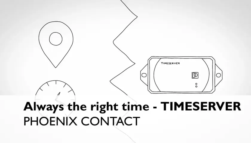 NTP Timeserver od PHOENIX CONTACT zapewnia zawsze idealny czas. Ikony lokalizacji i zegara podkreślają precyzję.