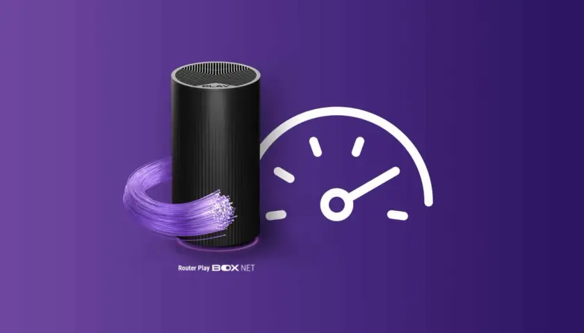 Router Play BOX NET z włóknem światłowodowym i ikoną prędkości, symbolizujący szybkie wifi.