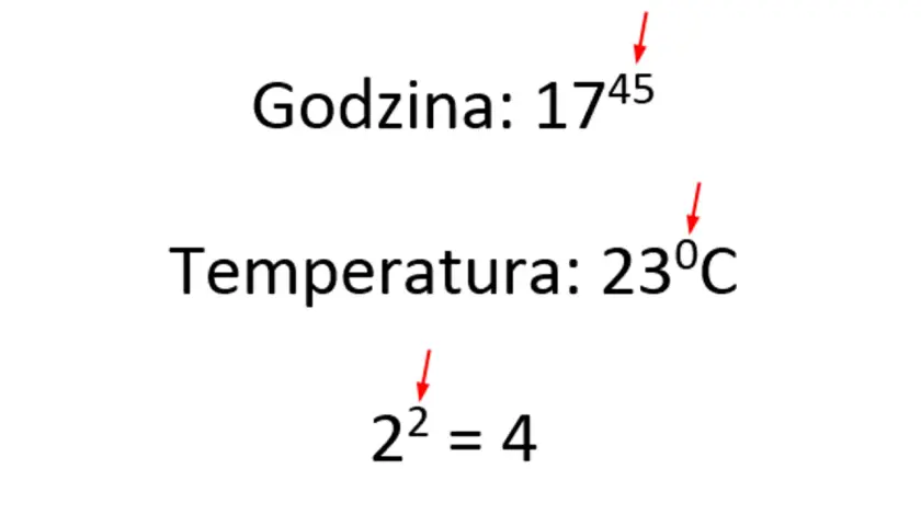 Godzina 17:45, temperatura 23°C, oraz równanie 2²=4. Wszędzie widać **indeks górny**.