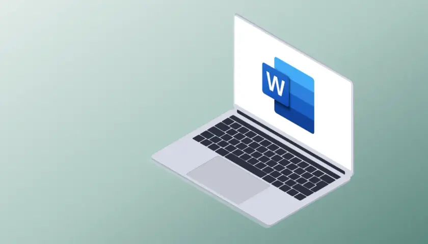 Laptop z ikoną Microsoft Word. Tworzenie dokumentów, gdzie każdy znak, nawet twarda spacja, ma znaczenie.