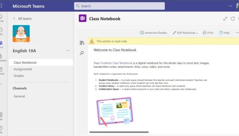 Klasa "English 10A" w Microsoft Teams, gdzie notatnik cyfrowy teems informacjami.