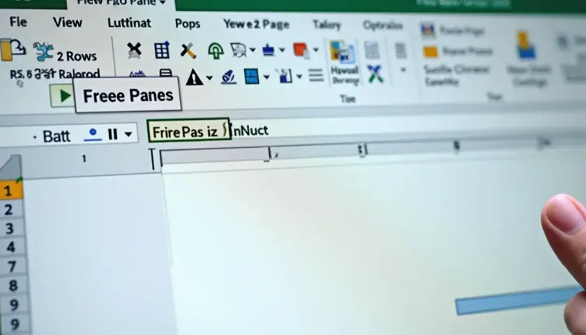 Jak zablokować wiersz w Excelu? Kliknij "Freee Panes", aby zamrozić wiersze i kolumny.