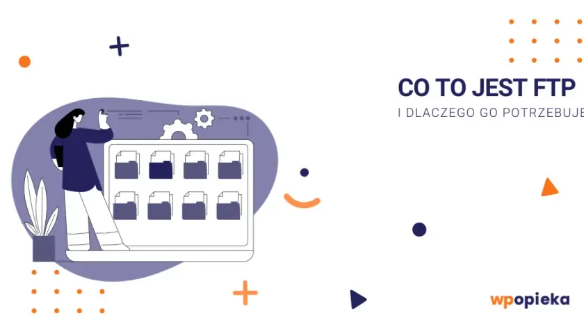 Ilustracja przedstawia kobietę zarządzającą plikami na ekranie, symbolizującą łatwy dostęp do danych przez ftp port.