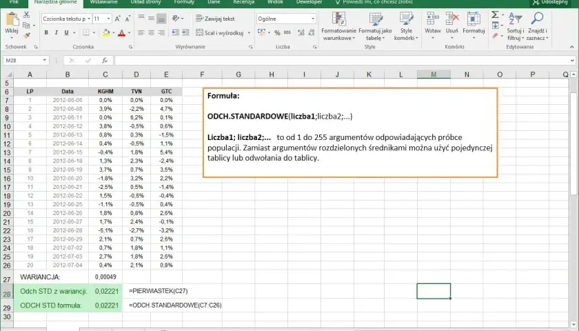 W Excelu formuła ODCH.STANDARDOWE oblicza odchylenie standardowe dla danych z kolumny C.