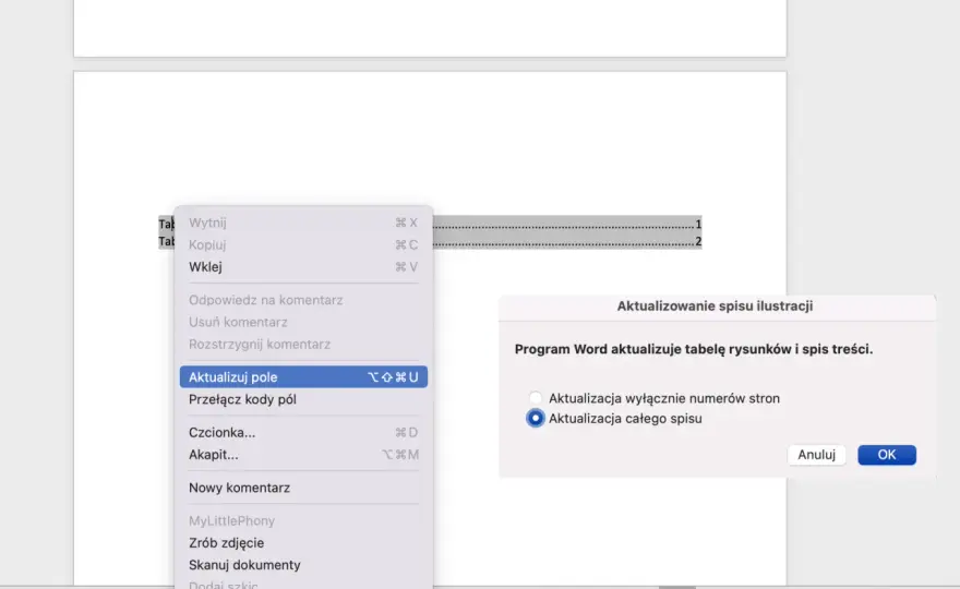Spis rysunków Word - Automatyczne tworzenie i aktualizacja
