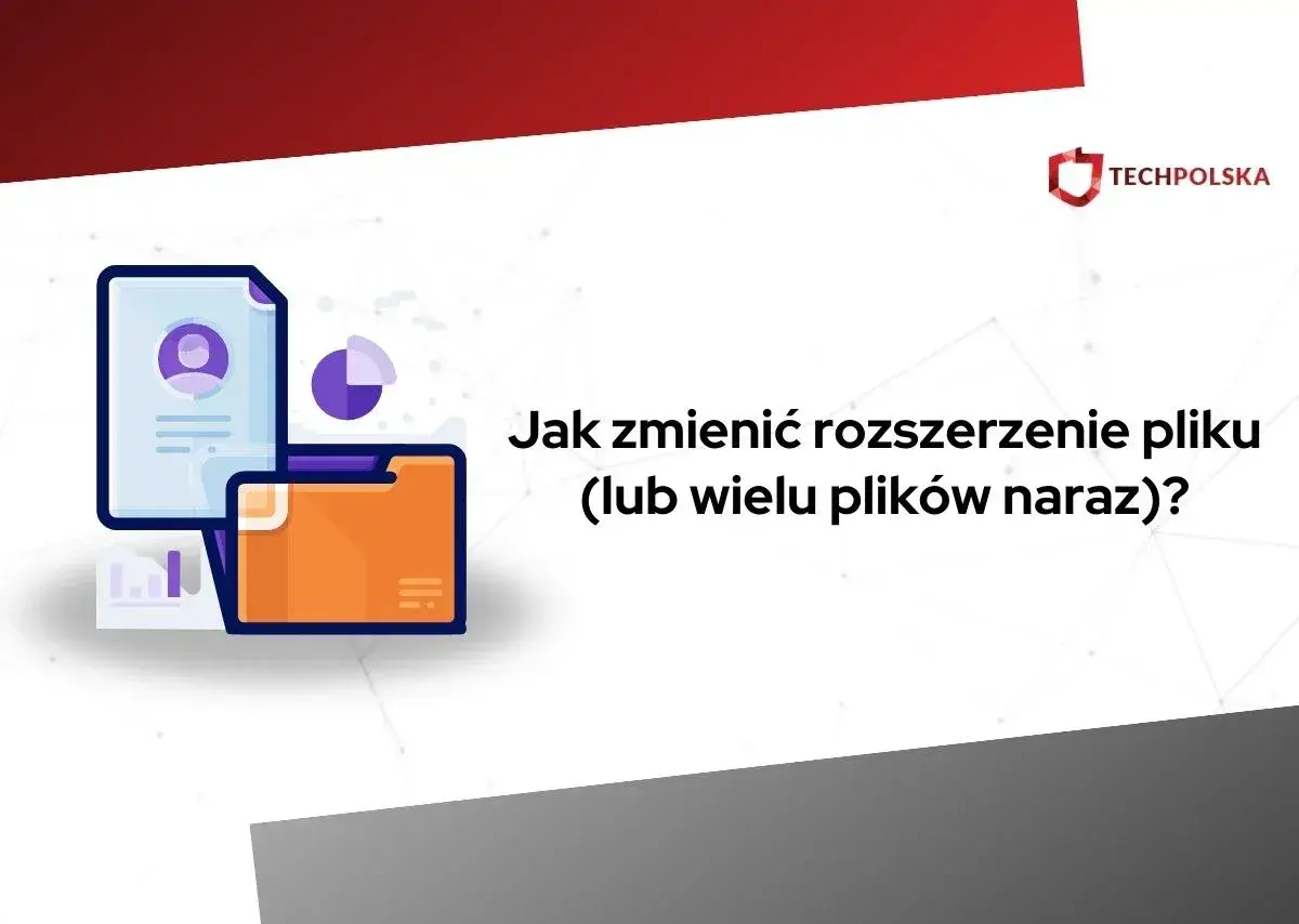 Ilustracja pokazuje, jak zmienić rozszerzenie pliku. Ikony dokumentów i folderów sugerują zarządzanie plikami.
