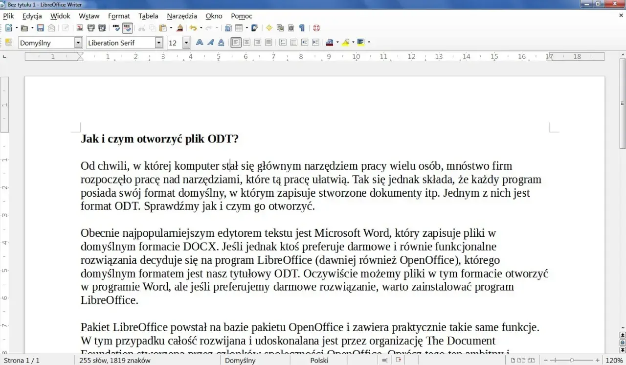 Otwieranie pliku ODT w LibreOffice Writer. Program ten, dawniej znany jako OpenOffice, oferuje darmowe i funkcjonalne rozwiązanie do pracy z dokumentami.