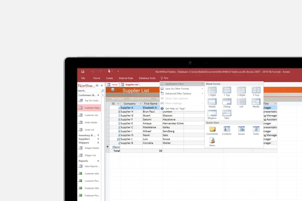 Lista dostawców w programie ms access, zawierająca dane firm, imiona i nazwiska kontaktów.