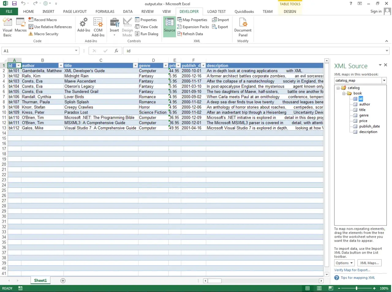 Arkusz kalkulacyjny Excel z danymi i panelem źródła XML.