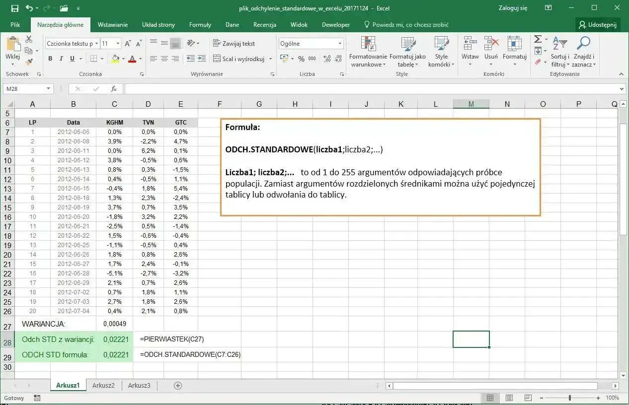 Arkusz kalkulacyjny Excel z danymi i opisem funkcji ODCH.STANDARDOWE.