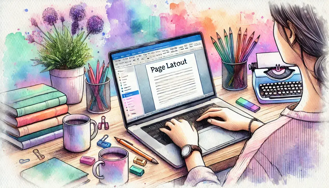 Kobieta pisze na laptopie, na ekranie widoczny tytuł "Page Latout". Obok stos książek, kubki z kawą, kolorowe kredki i maszyna do pisania. To inspiracja do tworzenia, nawet gdy zastanawiasz się, **kapitaliki co to**.