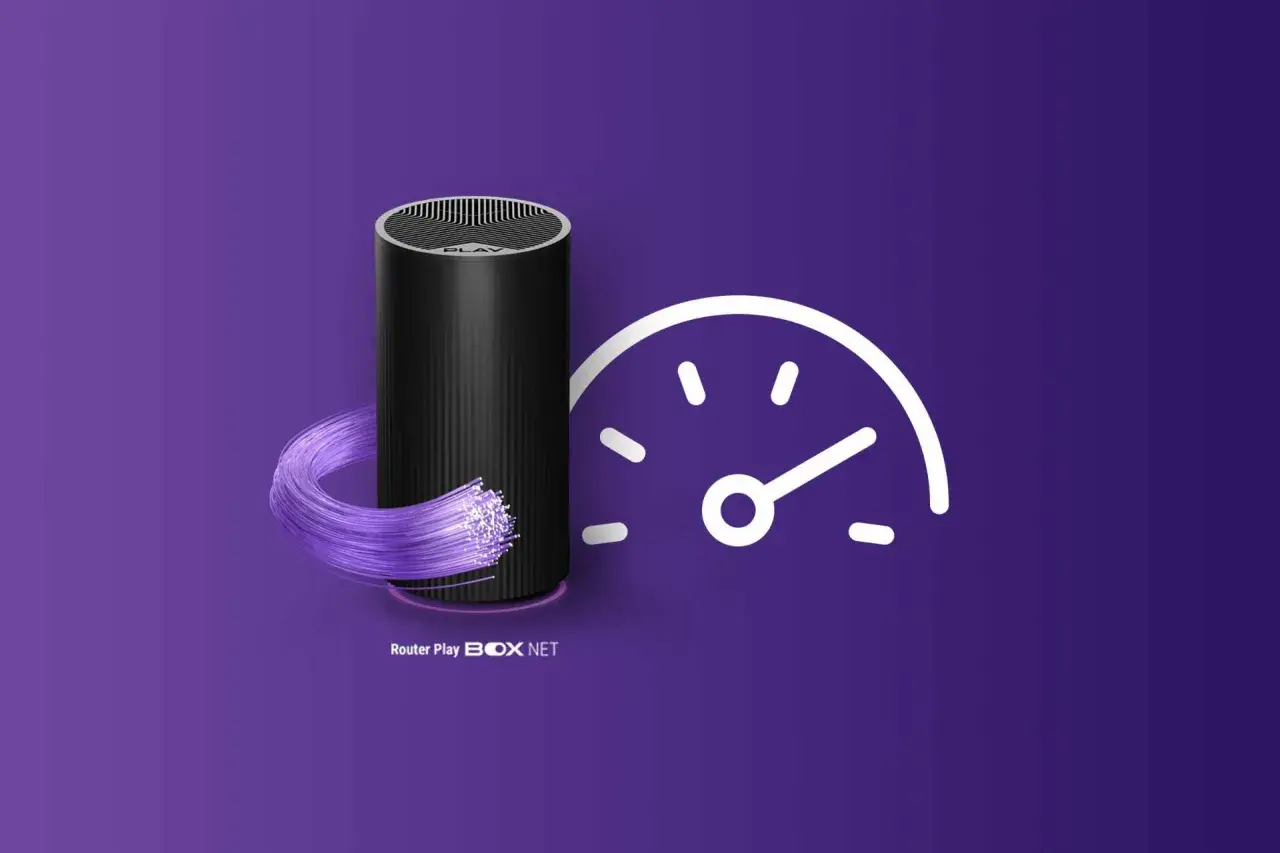 Router Play BOX NET z włóknem światłowodowym i ikoną prędkości, symbolizujący szybkie wifi.