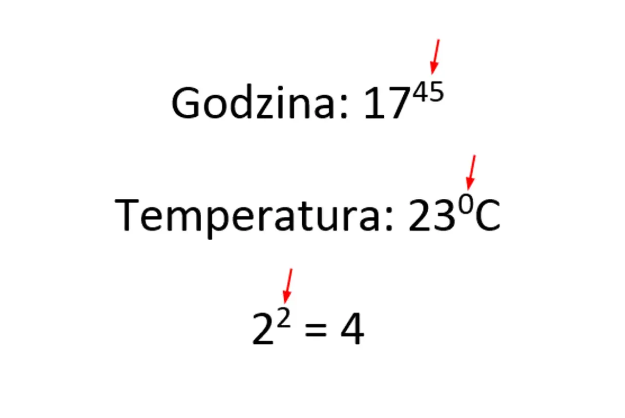 Godzina 17:45, temperatura 23°C, oraz równanie 2²=4. Wszędzie widać **indeks górny**.