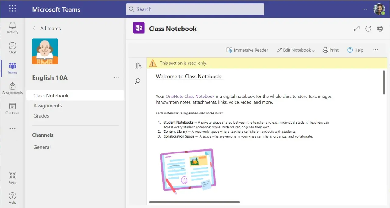 Klasa "English 10A" w Microsoft Teams, gdzie notatnik cyfrowy teems informacjami.